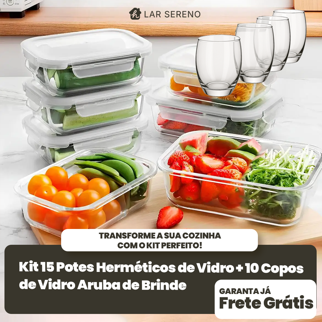 Kit 15 Potes de Vidro + 10 Copos Aruba de Brinde