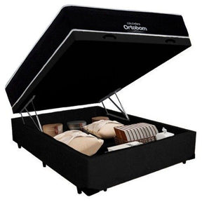 Cama Box Baú Casal Suede + Colchão Airtech Molas Ensacadas Antares 138x188x71 Cor preto