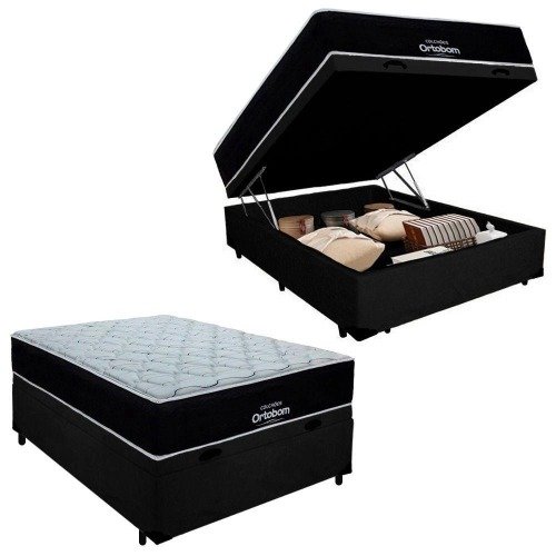 Cama Box Baú Casal Suede + Colchão Airtech Molas Ensacadas Antares 138x188x71 Cor preto